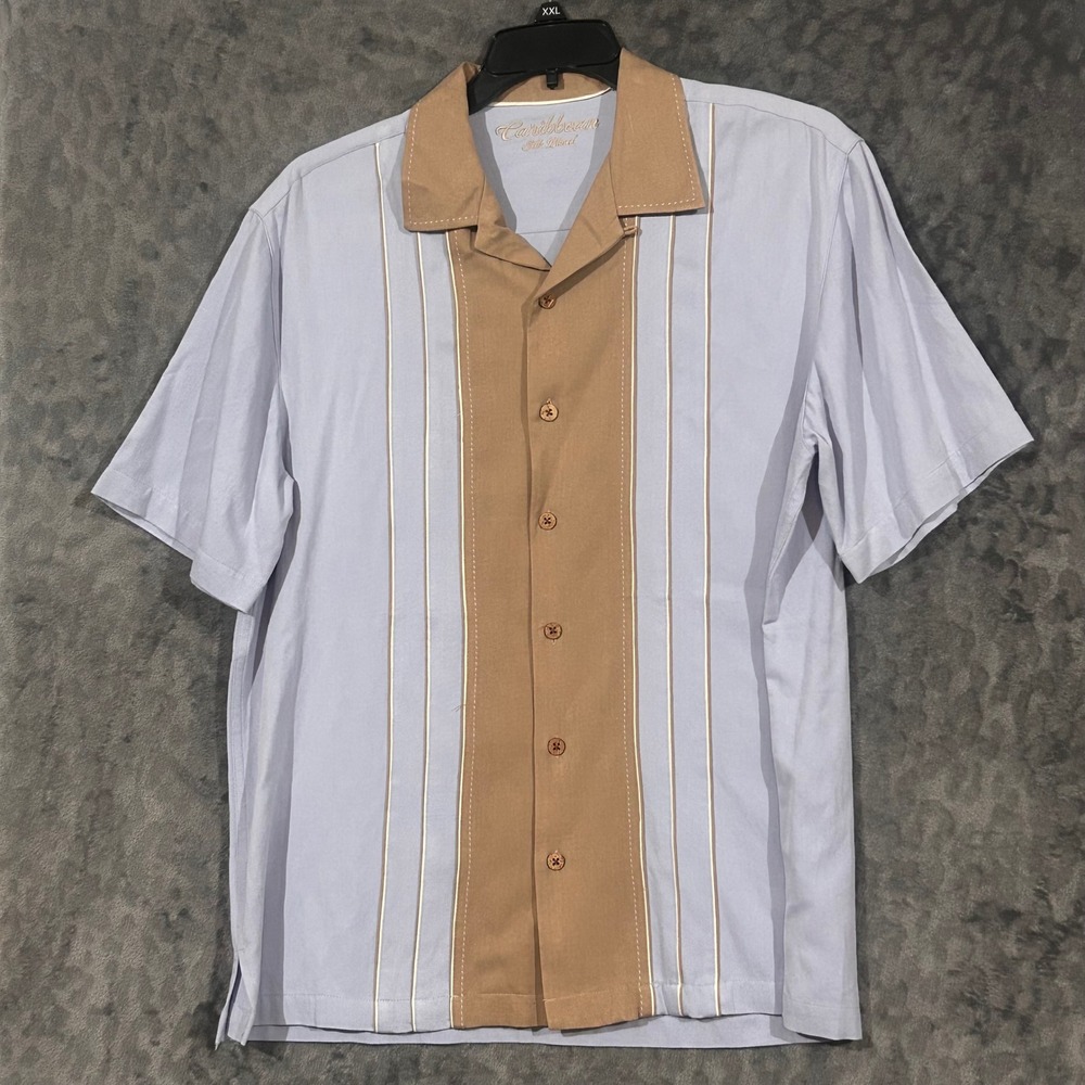 Caribbean Silk Blend Mens L Bowling Shirt Blue Tan Retro Camp Collar Lounge